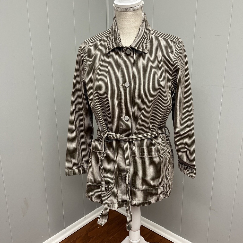 Vila Clothes Womens Cream‎ And Brown Stripe Button Front Tie Waist Jacket Shirt